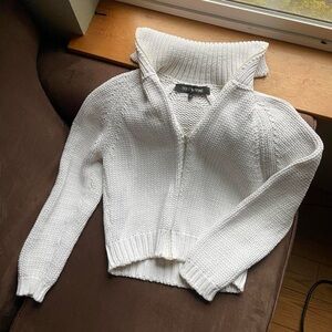 Ter Et Bantine Chunky Knit White Zip-Up Cropped Foldover Hood Cardigan, IT 46
